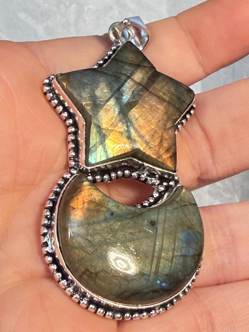 Labradorite Star & Crescent Moon Pendant Natural Gemstone Blue Gold Flash OOAK